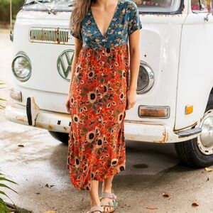 NATURAL LIFE Boho Floral Midi Dress - Teal and Orange